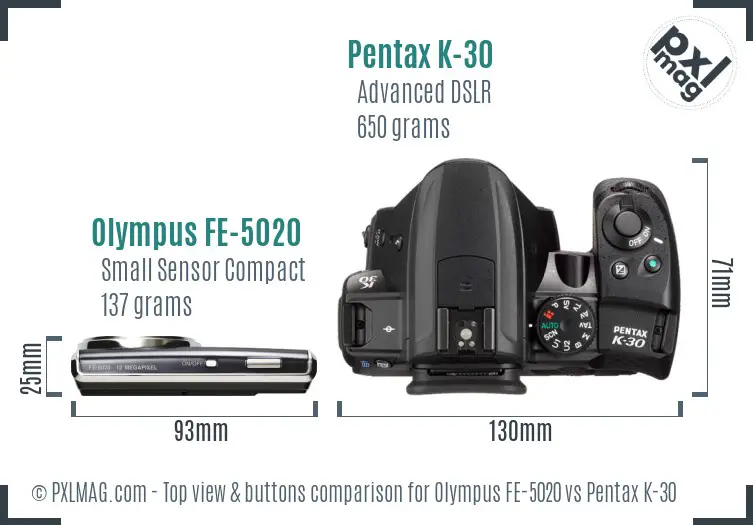 Olympus FE-5020 vs Pentax K-30 top view buttons comparison