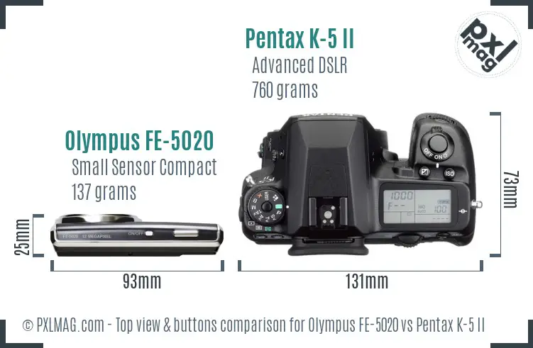 Olympus FE-5020 vs Pentax K-5 II top view buttons comparison