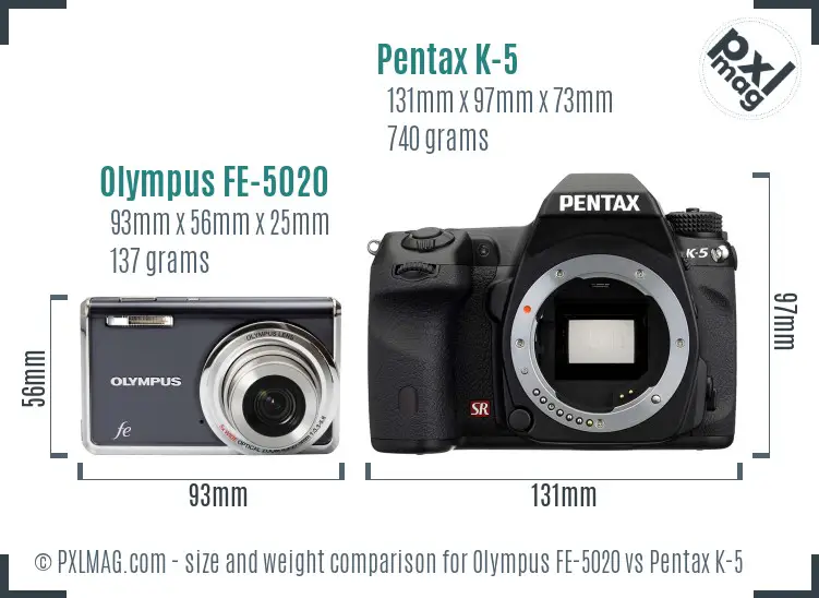 Olympus FE-5020 vs Pentax K-5 size comparison