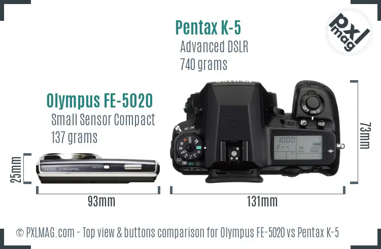 Olympus FE-5020 vs Pentax K-5 top view buttons comparison