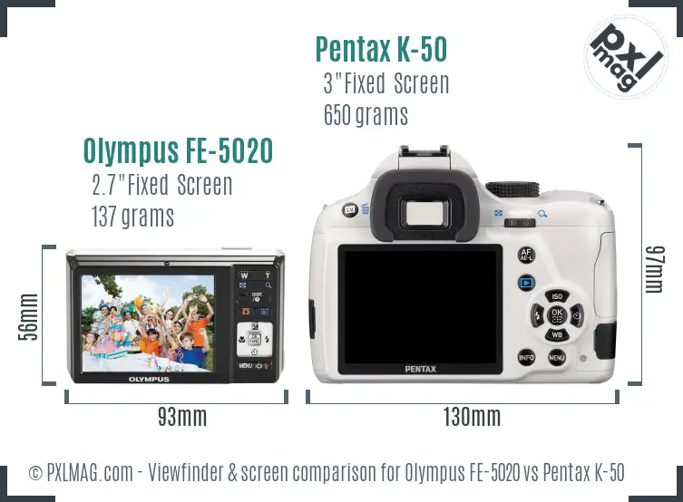 Olympus FE-5020 vs Pentax K-50 Screen and Viewfinder comparison