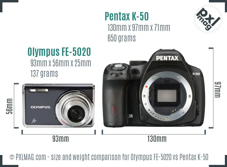 Olympus FE-5020 vs Pentax K-50 size comparison