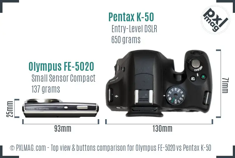 Olympus FE-5020 vs Pentax K-50 top view buttons comparison