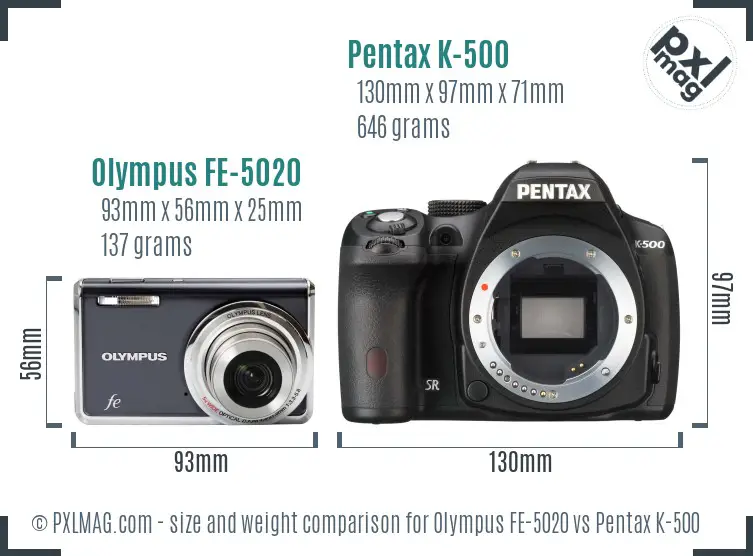 Olympus FE-5020 vs Pentax K-500 size comparison