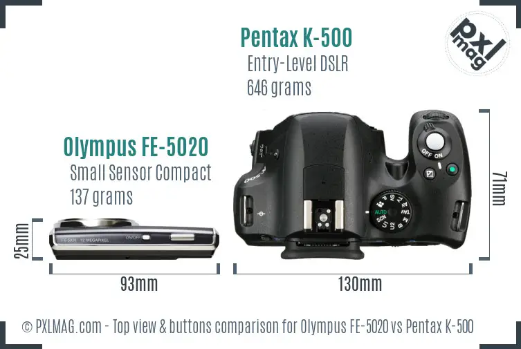 Olympus FE-5020 vs Pentax K-500 top view buttons comparison
