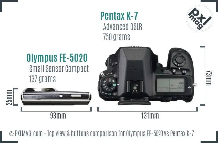 Olympus FE-5020 vs Pentax K-7 top view buttons comparison