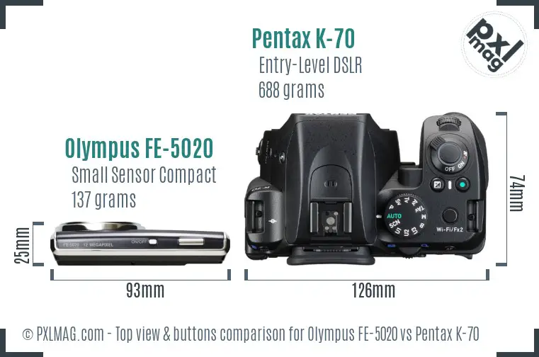 Olympus FE-5020 vs Pentax K-70 top view buttons comparison