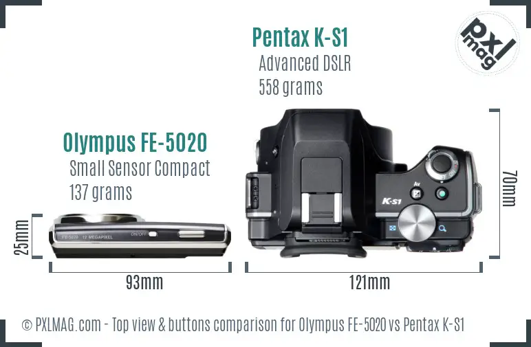Olympus FE-5020 vs Pentax K-S1 top view buttons comparison