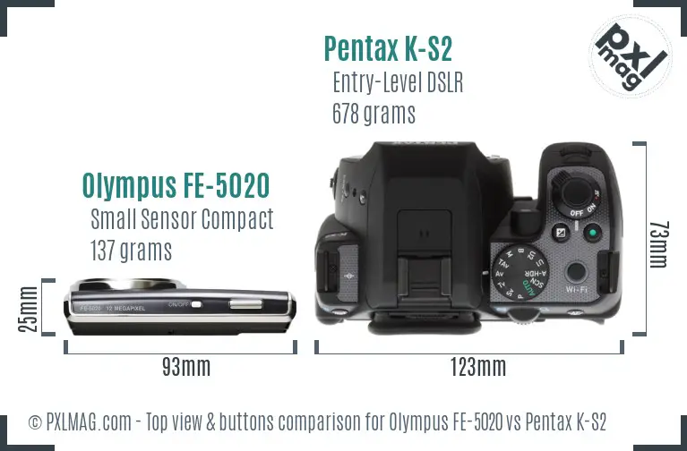 Olympus FE-5020 vs Pentax K-S2 top view buttons comparison