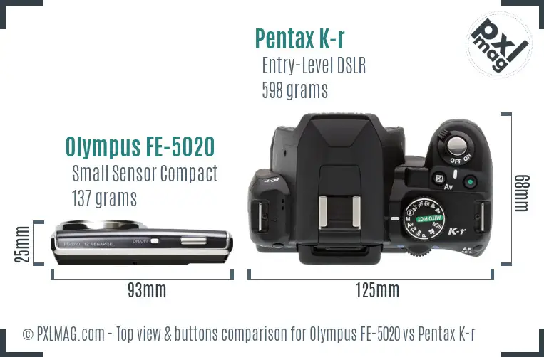 Olympus FE-5020 vs Pentax K-r top view buttons comparison