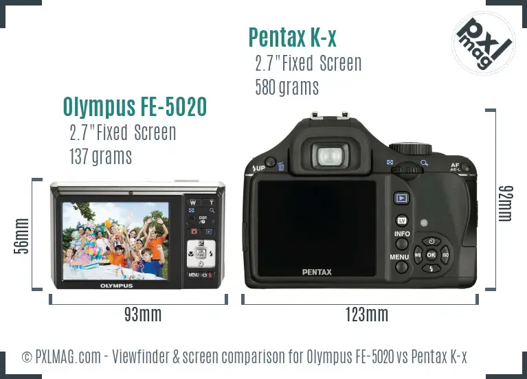 Olympus FE-5020 vs Pentax K-x Screen and Viewfinder comparison