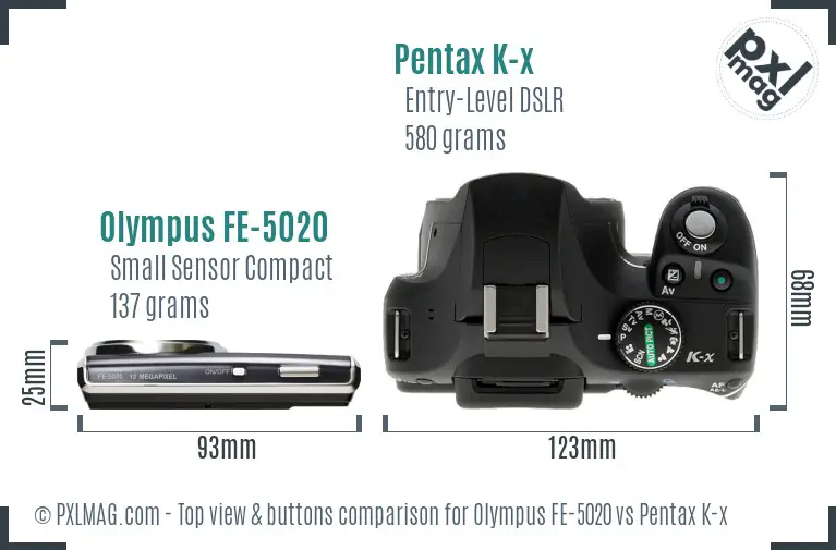 Olympus FE-5020 vs Pentax K-x top view buttons comparison
