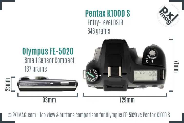 Olympus FE-5020 vs Pentax K100D S top view buttons comparison