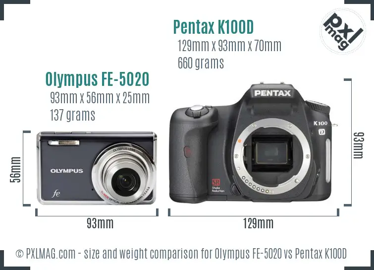 Olympus FE-5020 vs Pentax K100D size comparison
