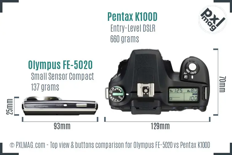 Olympus FE-5020 vs Pentax K100D top view buttons comparison