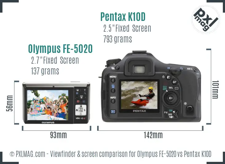 Olympus FE-5020 vs Pentax K10D Screen and Viewfinder comparison