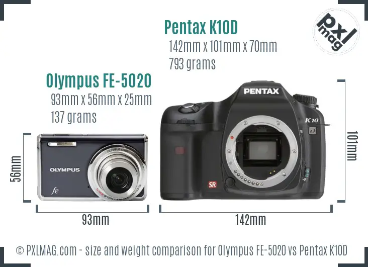 Olympus FE-5020 vs Pentax K10D size comparison