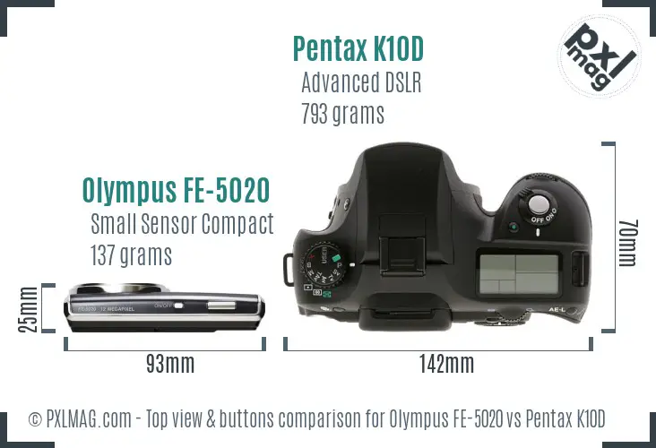 Olympus FE-5020 vs Pentax K10D top view buttons comparison