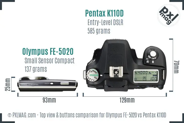 Olympus FE-5020 vs Pentax K110D top view buttons comparison