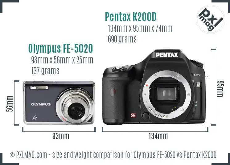 Olympus FE-5020 vs Pentax K200D size comparison