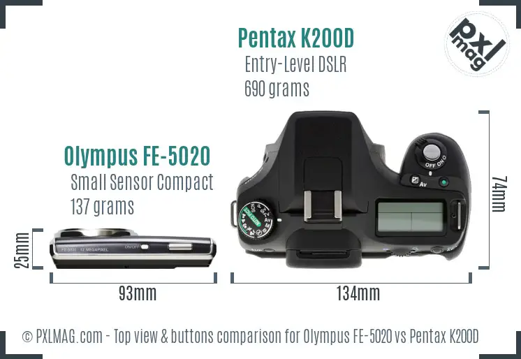 Olympus FE-5020 vs Pentax K200D top view buttons comparison