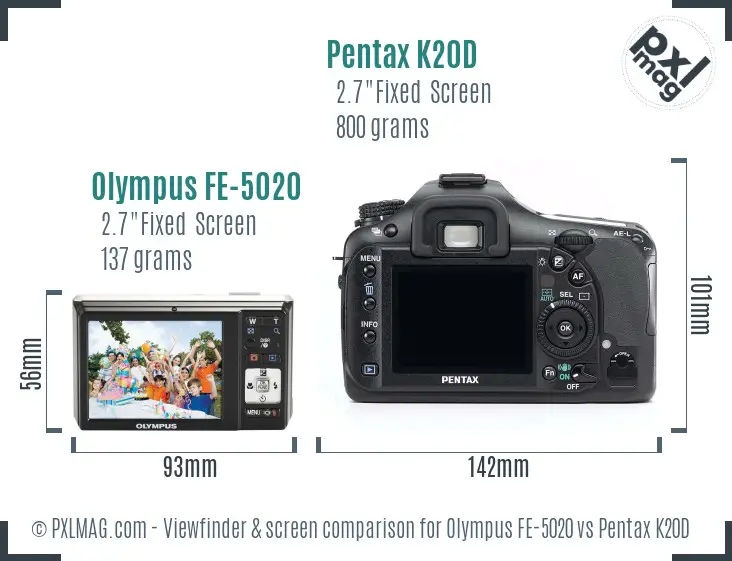 Olympus FE-5020 vs Pentax K20D Screen and Viewfinder comparison