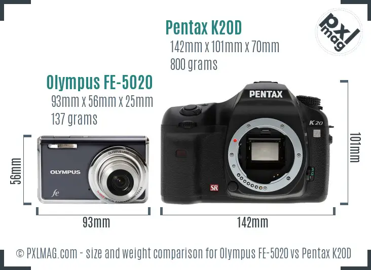Olympus FE-5020 vs Pentax K20D size comparison
