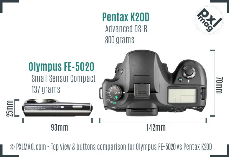 Olympus FE-5020 vs Pentax K20D top view buttons comparison
