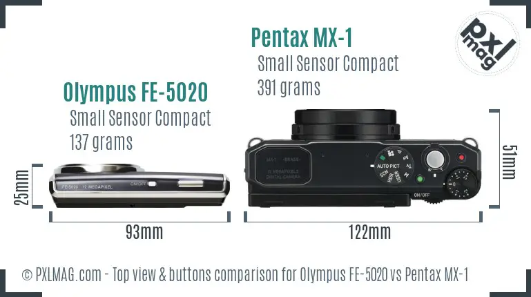 Olympus FE-5020 vs Pentax MX-1 top view buttons comparison