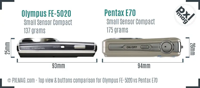 Olympus FE-5020 vs Pentax E70 top view buttons comparison