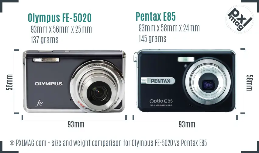 Olympus FE-5020 vs Pentax E85 size comparison