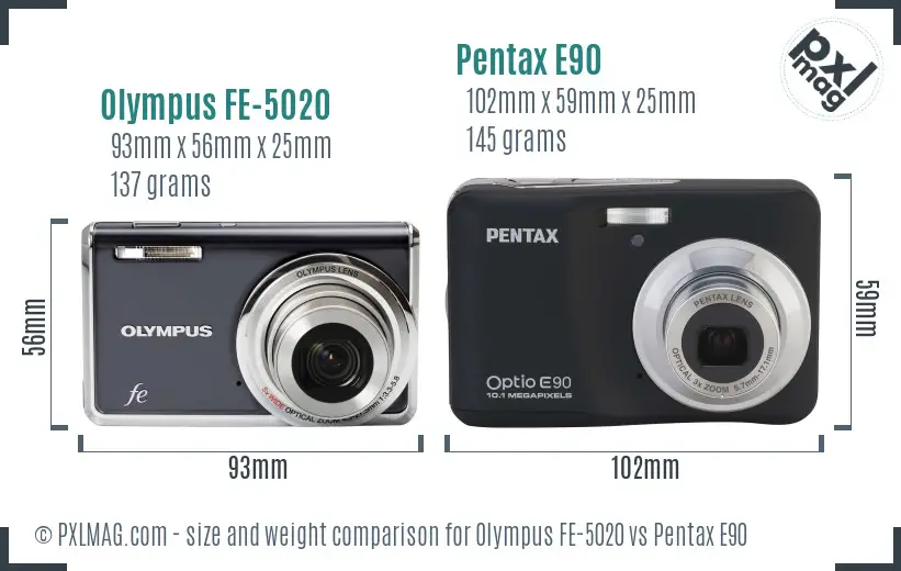 Olympus FE-5020 vs Pentax E90 size comparison