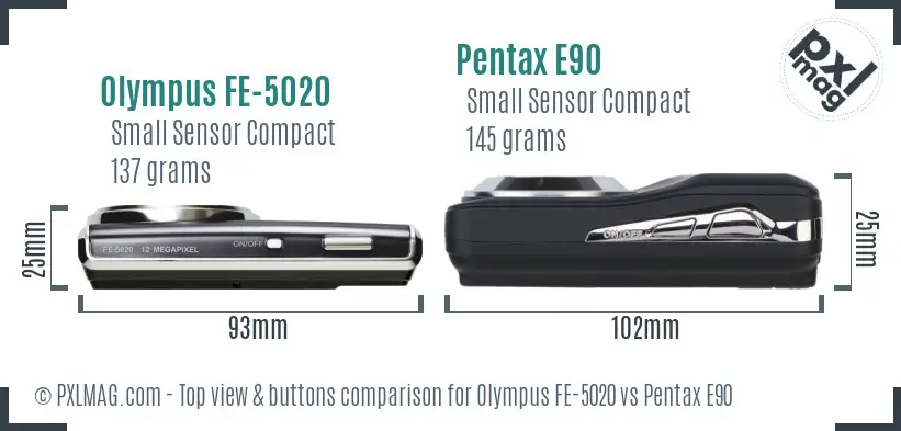 Olympus FE-5020 vs Pentax E90 top view buttons comparison