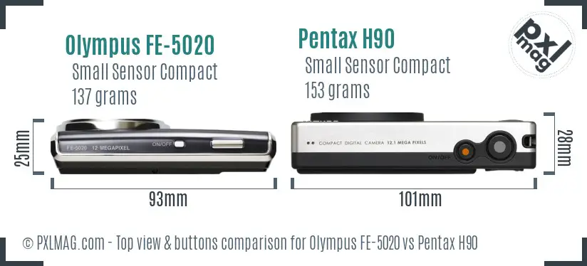 Olympus FE-5020 vs Pentax H90 top view buttons comparison