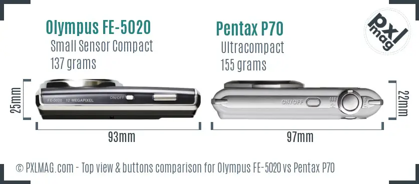 Olympus FE-5020 vs Pentax P70 top view buttons comparison