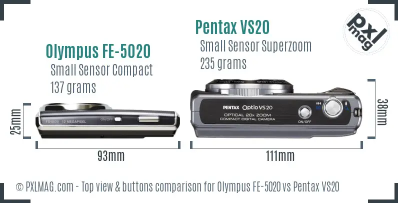 Olympus FE-5020 vs Pentax VS20 top view buttons comparison