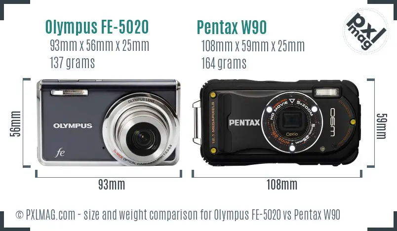 Olympus FE-5020 vs Pentax W90 size comparison