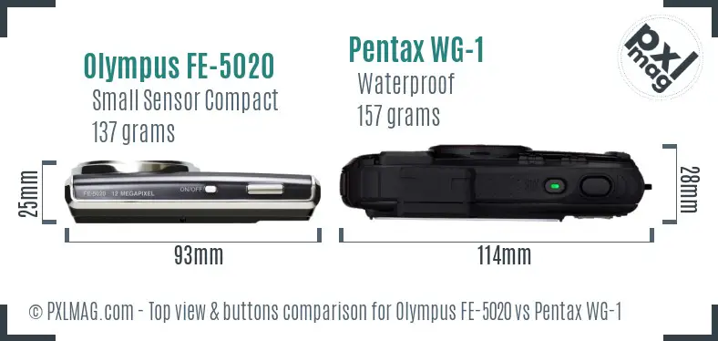 Olympus FE-5020 vs Pentax WG-1 top view buttons comparison
