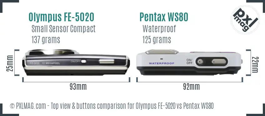 Olympus FE-5020 vs Pentax WS80 top view buttons comparison