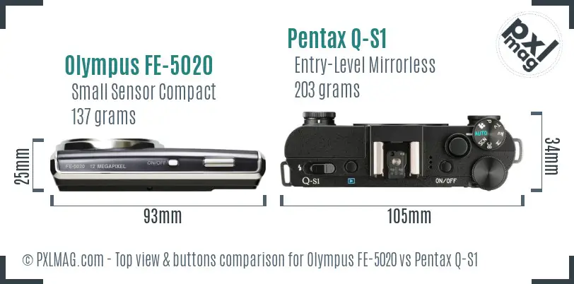 Olympus FE-5020 vs Pentax Q-S1 top view buttons comparison