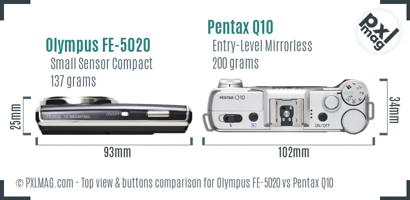 Olympus FE-5020 vs Pentax Q10 top view buttons comparison