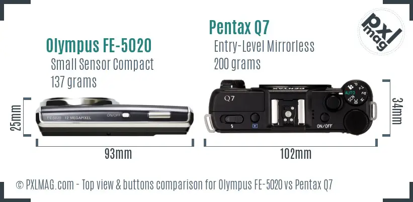 Olympus FE-5020 vs Pentax Q7 top view buttons comparison