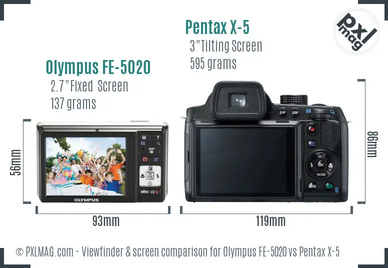 Olympus FE-5020 vs Pentax X-5 Screen and Viewfinder comparison
