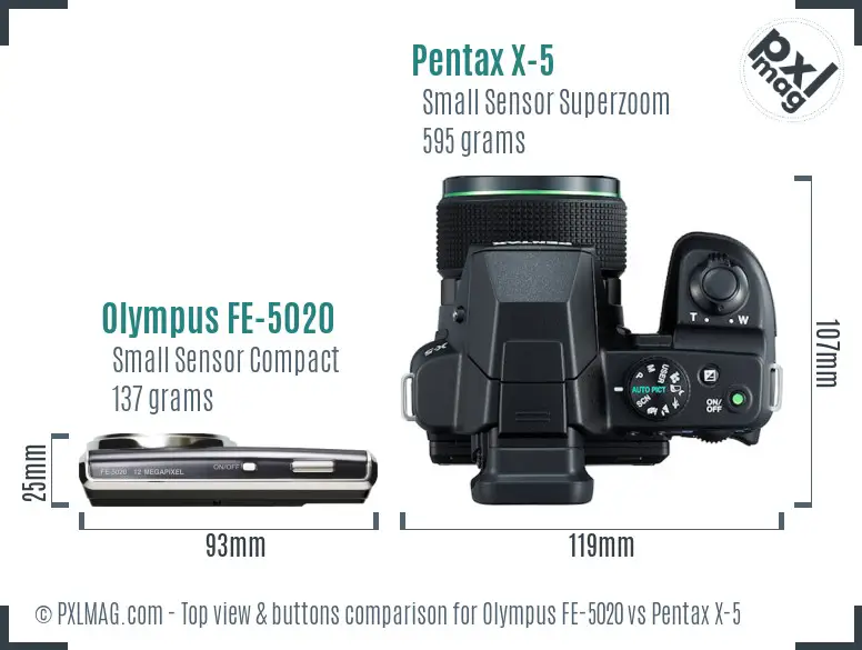 Olympus FE-5020 vs Pentax X-5 top view buttons comparison