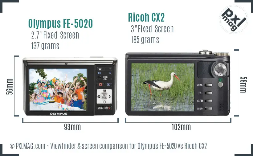 Olympus FE-5020 vs Ricoh CX2 Screen and Viewfinder comparison Olympus FE-5020 vs Ricoh CX2 Screen and Viewfinder comparison