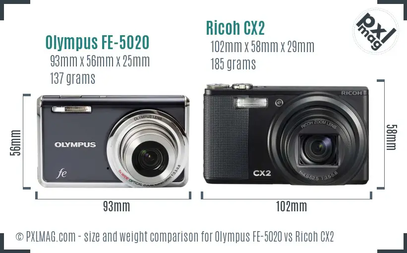Olympus FE-5020 vs Ricoh CX2 size comparison Olympus FE-5020 vs Ricoh CX2 size comparison