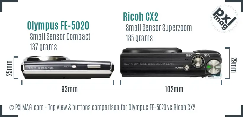 Olympus FE-5020 vs Ricoh CX2 top view buttons comparison Olympus FE-5020 vs Ricoh CX2 top view buttons comparison