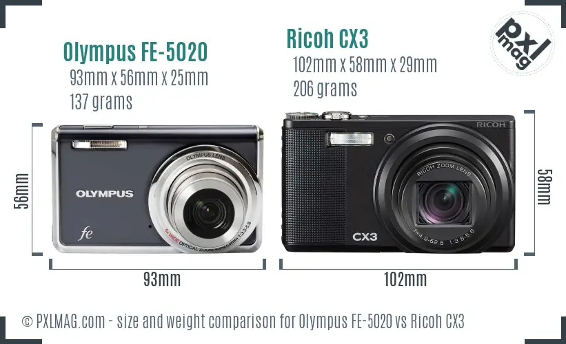 Olympus FE-5020 vs Ricoh CX3 size comparison Olympus FE-5020 vs Ricoh CX3 size comparison