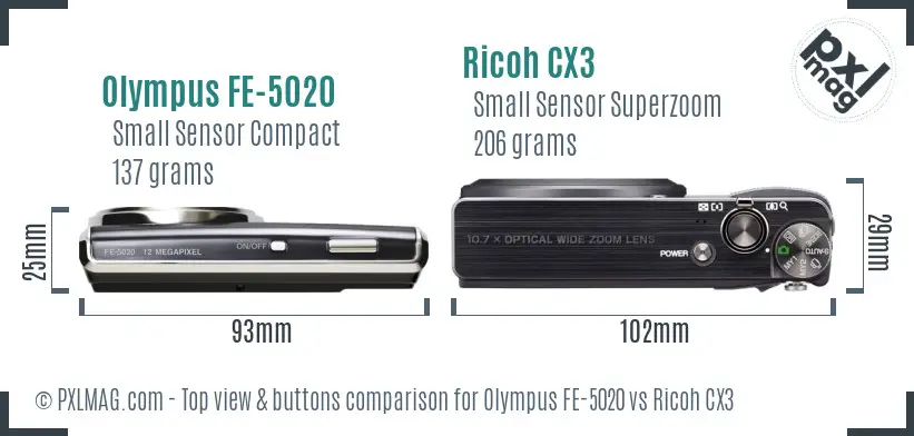 Olympus FE-5020 vs Ricoh CX3 top view buttons comparison Olympus FE-5020 vs Ricoh CX3 top view buttons comparison