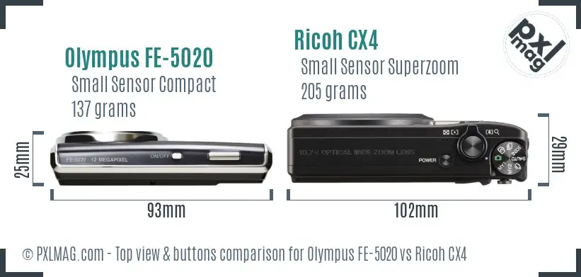 Olympus FE-5020 vs Ricoh CX4 top view buttons comparison